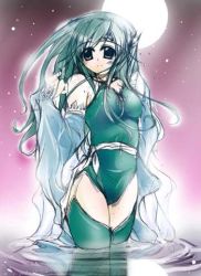 Rule 34 | 1990s (style), bare shoulders, final fantasy, final fantasy iv, green hair, hair ornament, lowres, moon, night, ripples, rydia (ff4), thighhighs, water