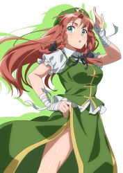 Rule 34 | 1girl, aqua eyes, bandaged hand, bandages, braid, chinese clothes, cowboy shot, floating hair, green vest, gyouza (mhea5724), hat ornament, highres, hong meiling, long hair, puffy short sleeves, puffy sleeves, red hair, short sleeves, solo, star (symbol), star hat ornament, touhou, twin braids, vest