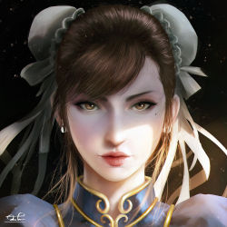Rule 34 | 1girl, artist name, black background, blue dress, brown eyes, brown hair, bun cover, capcom, china dress, chinese clothes, chun-li, closed mouth, commentary, double bun, dress, earrings, english commentary, eyelashes, hair bun, jewelry, light particles, lips, long hair, looking at viewer, makeup, mole, mole under eye, nose, portrait, razaras, realistic, signature, simple background, solo, street fighter, street fighter ii (series)