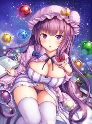 Rule 34 | blue bow, blush, book, bow, breasts, cleavage, crescent, crescent hair ornament, dress, frilled dress, frills, hair bow, hair ornament, hand on own chest, hat, highres, large breasts, legs together, light particles, long hair, looking at viewer, mob cap, navel, open book, orb, panties, parted lips, patchouli knowledge, purple eyes, purple hair, purple hat, purple panties, red bow, ribbon, sitting, solo, striped clothes, striped dress, thighhighs, thighs, touhou, unbuttoned, underwear, very long hair, white thighhighs, yuki usagi (snowcanvas)