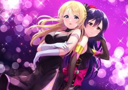 Rule 34 | 2girls, arm up, ayase eli, back-to-back, bare shoulders, black dress, black gloves, blonde hair, blue eyes, blue hair, blush, commentary request, cowboy shot, dress, earrings, elbow gloves, eyes visible through hair, gloves, hair between eyes, hair ornament, hand in own hair, highres, jewelry, long hair, looking at viewer, love live!, love live! school idol project, multiple girls, nanatsu no umi, open mouth, ribbon, sleeveless, sleeveless dress, soldier game, sonoda umi, strap slip, swept bangs, white gloves, yellow eyes