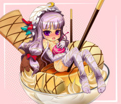 Rule 34 | 1girl, blush, bow, cherry, cream, cup, dessert, elbow gloves, feet, female focus, food, fruit, gloves, hair bow, hair ribbon, hat, in container, in cup, in food, long hair, mini person, minigirl, noya makoto, nude, patchouli knowledge, pocky, purple eyes, purple hair, ribbon, solo, thighhighs, touhou, whipped cream
