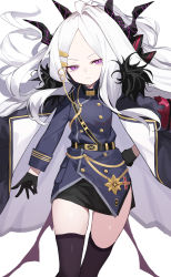 Rule 34 | 1girl, ahoge, aiguillette, amagasa yun, belt, black coat, black gloves, black jacket, black skirt, black thighhighs, blue archive, buttons, coat, coat on shoulders, double-breasted, floating hair, forehead, fur trim, gloves, hair ornament, hand on own hip, highres, hina (blue archive), horns, jacket, long hair, long sleeves, looking at viewer, military, military uniform, miniskirt, parted bangs, pencil skirt, purple eyes, side slit, skirt, solo, thighhighs, thighs, uniform, v-shaped eyebrows, white hair, zettai ryouiki