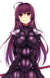 Rule 34 | 1girl, ahoge, armor, blush, bodysuit, breasts, covered navel, fate/grand order, fate (series), gae bolg (fate), highres, holding, holding weapon, long hair, looking at viewer, nano (syoutamho), pauldrons, purple eyes, purple hair, scathach (fate), scathach (fate), shoulder armor, simple background, solo, weapon, white background