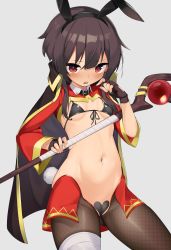 Rule 34 | 1girl, absurdres, alternate costume, animal ears, bandages, black bra, black cape, black hair, blush, bra, breasts, cameltoe, cape, commentary request, dress, fake animal ears, fake tail, fingerless gloves, gloves, highres, holding, holding staff, jovejun, kono subarashii sekai ni shukufuku wo!, looking at viewer, megumin, meme attire, open mouth, pantyhose, rabbit ears, rabbit tail, red eyes, reverse bunnysuit, reverse outfit, short hair, simple background, small breasts, solo, staff, tail, underwear, white background