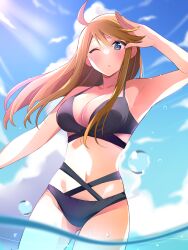 Rule 34 | 1girl, absurdres, ahoge, arm up, armpits, bare shoulders, bikini, black bikini, blue eyes, blue sky, blush, breasts, brown hair, cleavage, cloud, collarbone, cowboy shot, day, dot nose, from below, highres, idolmaster, idolmaster million live!, idolmaster million live! theater days, large breasts, long hair, looking at viewer, navel, one eye closed, outdoors, outstretched arm, parted lips, partially submerged, salute, sky, smile, soeji, solo, standing, sunlight, swept bangs, swimsuit, tokoro megumi, water drop
