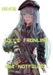 Rule 34 | 1girl, assault rifle, beret, blood, blood on clothes, blood on face, blue hair, blunt bangs, broken arm, character name, coat, english text, engrish text, girls&#039; frontline, gloves, green eyes, gun, h&amp;k hk416, hair ornament, hat, heckler &amp; koch, highres, hk416 (girls&#039; frontline), holding, holding gun, holding weapon, long hair, looking at viewer, osakana (denpa yun&#039;yun), ranguage, rifle, simple background, sketch, smile, solo, weapon, white background