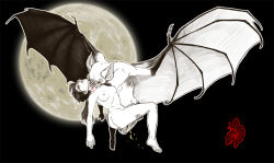 Rule 34 | 1girl, artist request, ass, bat (animal), biting, blood, blood sucking, breasts, carrying, empty eyes, fangs, flying, monster, moon, peeing, restrained, sucking blood, vampire, wings