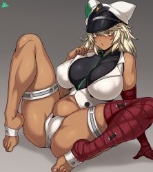 Rule 34 | 1girl, :o, absurdres, arm support, bandaged arm, bandaged leg, bandages, bare shoulders, breasts, dark-skinned female, dark skin, guilty gear, guilty gear strive, hat, highres, jmg, large breasts, micro shorts, navel, ramlethal valentine, shorts, sitting, solo, spread legs, thighhighs, yellow eyes