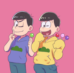 Rule 34 | 10s, 2boys, ;), ;d, bad id, bad pixiv id, black hair, brothers, candy, cowboy shot, denim, finger to mouth, food, heart, heart in mouth, hood, hood down, hoodie, index finger raised, jeans, lollipop, lowres, male focus, matsuno jyushimatsu, matsuno karamatsu, mayu ueki, multiple boys, one eye closed, open mouth, osomatsu-kun, osomatsu-san, osomatsu (series), pants, pink background, shorts, siblings, simple background, sleeves past wrists, sleeves rolled up, smile