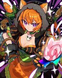 1girl absurdres animal_ear_fluff animal_ears animal_hands apron black_dress breasts candy cat_ears cat_girl cat_tail choker cleavage dress earrings facial_mark fire_emblem fire_emblem:_radiant_dawn fire_emblem_heroes food gloves green_choker hair_between_eyes halloween halloween_costume hand_on_own_hip highres holding holding_candy holding_food holding_lollipop hood hood_up jack-o&#039;-lantern_print jewelry kurimori large_breasts lethe_(fire_emblem) lethe_(halloween)_(fire_emblem) lollipop looking_at_viewer nintendo official_alternate_costume orange_apron orange_hair parted_lips paw_gloves puffy_short_sleeves puffy_sleeves purple_eyes short_sleeves skull_choker solo sphere_earrings striped_clothes striped_dress tail vertical-striped_clothes vertical-striped_dress waist_apron whisker_markings