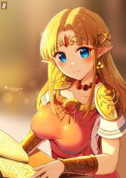 Rule 34 | 1girl, absurdres, alternate breast size, blonde hair, blue eyes, breasts, chinchongcha, closed mouth, dress, earrings, hair ornament, highres, jewelry, large breasts, looking at viewer, nintendo, pointy ears, princess zelda, smile, solo, the legend of zelda, the legend of zelda: a link between worlds, triforce earrings