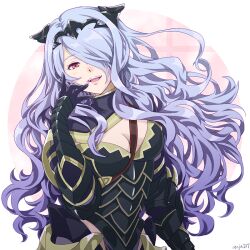 Rule 34 | 1girl, armor, artist name, black armor, breasts, camilla (fire emblem), capelet, cleavage, fire emblem, fire emblem fates, gauntlets, hair over one eye, long hair, looking at viewer, medium breasts, mojakkoro, nintendo, open mouth, purple hair, red eyes, solo, teeth, tiara, upper body, upper teeth only