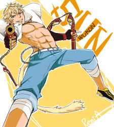 Rule 34 | 1boy, abs, aiming, aiming at viewer, artist name, bandages, belt, blonde hair, chain, character name, denim, english text, gun, jeans, jewelry, looking at viewer, male focus, monkey tail, muscular, nunchaku, open clothes, open shirt, pants, pendant, remia, rwby, shirt, shoes, short hair, shotgun, sneakers, spiked hair, sun wukong (rwby), tail, weapon
