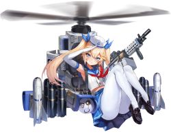 Rule 34 | 1girl, agm-114 hellfire, agm-65 maverick, air-to-surface missile, ammunition, ammunition belt, ammunition box, anti-tank guided missile, anti-tank missile, armpits, belt-fed, blue sailor collar, blue skirt, blush, elbow gloves, game cg, gloves, grin, gun, hair between eyes, hair ribbon, hat, highres, last origin, loafers, looking at viewer, machine gun, midriff, missile, mr.yun, official art, panties, pantyhose, pleated skirt, precision-guided munition, propeller, ribbon, sailor, sailor collar, sailor hat, salute, shoes, skirt, smile, smug, solo, striped clothes, striped panties, surface-to-surface missile, tachi-e, thetis (last origin), thighhighs, transparent background, twintails, underwear, weapon, white pantyhose