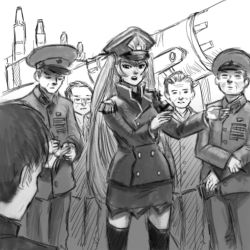 Rule 34 | 1girl, character request, closed eyes, collared jacket, drawfag, epaulettes, facing viewer, feet out of frame, glasses, hat, hatching (texture), high collar, highres, holding, holding notebook, holding pencil, jacket, linear hatching, long hair, long sleeves, military, military hat, military jacket, military uniform, missile, monochrome, notebook, old, old man, open mouth, outstretched arms, pants, pencil, pencil skirt, skirt, soldier, source request, star (symbol), talking, thighhighs, tsurime, twintails, underskirt, uniform, very long hair, writing