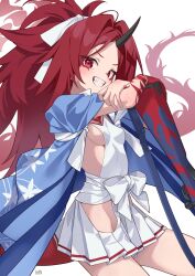Rule 34 | 1girl, blue archive, blush, breasts, dragon tail, grin, halo, highres, horns, long hair, long sleeves, looking at viewer, parted bangs, ponytail, red eyes, red hair, renge (blue archive), sash, sideboob, sideless outfit, single horn, skirt, small breasts, smile, solo, tail, yoshida pino