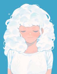 Rule 34 | 1girl, 43 pon, bad id, bad twitter id, blue background, breasts, closed eyes, cloud hair, highres, long hair, original, shirt, short sleeves, simple background, smile, solo, star (symbol), upper body, white hair, white shirt