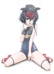 Rule 34 | 10s, 1girl, asymmetrical hair, black hair, brown eyes, gloves, hair between eyes, hat, headphones, highres, i-13 (kancolle), kantai collection, looking at viewer, open mouth, toeless footwear, partially fingerless gloves, sailor collar, school swimsuit, shoes, short hair, simple background, single glove, sitting, solo, swimsuit, t2r, wariza, white background