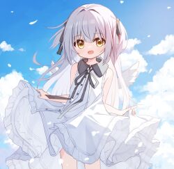 Rule 34 | 1girl, :d, bare arms, bare shoulders, black ribbon, blue sky, brown eyes, ciela (yuuhagi (amaretto-no-natsu)), cloud, collared dress, commentary request, day, dress, feathered wings, frilled dress, frills, grey hair, hair between eyes, hair intakes, highres, long hair, looking at viewer, neck ribbon, open mouth, original, outdoors, petals, ribbon, skirt hold, sky, sleeveless, sleeveless dress, smile, solo, standing, two side up, very long hair, white dress, white wings, wings, yuuhagi (amaretto-no-natsu)
