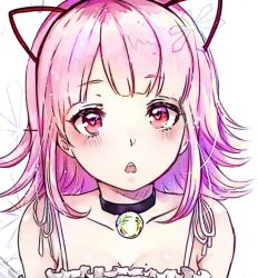 Rule 34 | 1girl, animal ears, artist request, blush, bra, cat ears, cat lingerie, character request, choker, copyright request, eyebrows hidden by hair, fake animal ears, lingerie, looking at viewer, medium hair, meme attire, non-web source, pink hair, source request, underwear, upper body