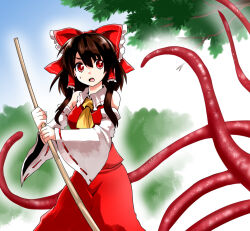 Rule 34 | 1girl, ascot, bow, brown hair, commentary request, detached sleeves, frilled bow, frilled hair tubes, frills, hair bow, hair tubes, hakurei reimu, holding, jio (nayutarooo), long hair, open mouth, red bow, red eyes, red skirt, ribbon-trimmed sleeves, ribbon trim, skirt, skirt set, sweatdrop, tentacles, touhou, tree, yellow ascot
