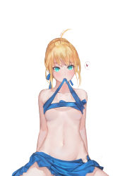 Rule 34 | 1girl, absurdres, ahoge, artoria pendragon (fate), blonde hair, blue eyes, blush, braid, breasts, budget sarashi, collarbone, fate/stay night, fate (series), heart, highres, kamachi kamachi-ko, looking at viewer, mouth hold, navel, no panties, open clothes, open skirt, ribbon, ribbon in mouth, saber (fate), sarashi, skirt, skirt drape, small breasts, solo, spoken heart, underboob