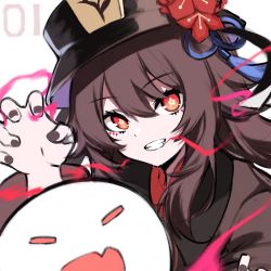Rule 34 | 1girl, bad id, bad twitter id, black coat, black hat, blush, breasts, brown hair, coat, flower, genshin impact, ghost, grin, hat, hat flower, highres, hu tao (genshin impact), long hair, long sleeves, looking at viewer, plum blossoms, red eyes, small breasts, smile, spider apple, symbol-shaped pupils, twintails, very long hair