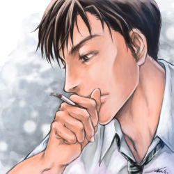 Rule 34 | 1boy, black neckwear, brown eyes, brown hair, cigarette, closed mouth, collared shirt, commentary request, from side, hand to own mouth, male focus, portrait, profile, sangatsu no lion, shimada kai (sangatsu no lion), shirt, short hair, show.s, solo, white shirt, wing collar
