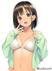 Rule 34 | 1girl, :d, bikini, bikini tan, black hair, blue eyes, breasts, collarbone, commentary request, green jacket, head tilt, jacket, koutaro, long sleeves, looking at viewer, medium breasts, navel, open clothes, open jacket, open mouth, original, puffy long sleeves, puffy sleeves, simple background, sleeves past wrists, smile, solo, swimsuit, tan, tanline, twitter username, upper body, white background, white bikini