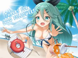 Rule 34 | 1girl, abyssal ship, beach chair, bikini, bikini bottom only, black bikini, blue sky, blush, breasts, coconut tree, commentary request, crying, crying with eyes open, day, e16a zuiun, enemy lifebuoy (kancolle), milestone celebration, green eyes, green hair, hair ornament, hair ribbon, hairclip, highres, ice, ice cube, kantai collection, long hair, medium breasts, open mouth, palm tree, ribbon, sailor bikini, sailor collar, side-tie bikini bottom, sky, soba (sobaya1938), sun, swimsuit, tears, tree, tripping, yamakaze (kancolle)
