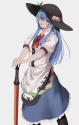 Rule 34 | 1girl, :o, absurdres, apron, black hat, blue hair, blue skirt, bow, bowtie, collared shirt, florentia menma, hat, highres, hinanawi tenshi, holding, holding sword, holding weapon, long hair, looking at viewer, open mouth, puffy short sleeves, puffy sleeves, red bow, red bowtie, red eyes, shirt, short sleeves, simple background, skirt, solo, sun hat, sword, touhou, waist apron, weapon, white background, white shirt