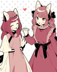 Rule 34 | 2girls, akagashi hagane, animal ears, black bow, blush, bow, braid, cat ears, cat tail, chen, closed eyes, commentary request, cowboy shot, dress, earrings, fang, foul detective satori, hair bow, hand up, hat, heart, holding hands, interlocked fingers, jewelry, kaenbyou rin, long hair, long sleeves, mob cap, multiple girls, multiple tails, open mouth, polka dot, polka dot background, short sleeves, single earring, smile, tabard, tail, touhou, twin braids, two tails, white background