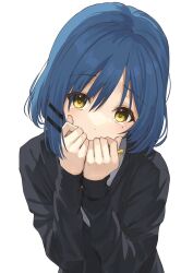 Rule 34 | 1girl, black sweater, blue hair, bocchi the rock!, commentary, covering own mouth, eyelashes, from above, hair between eyes, hair ornament, hairpin, hands up, head tilt, highres, kanaria hisagi, light blush, looking at viewer, medium hair, mole, mole under eye, own hands together, shirt, sidelocks, simple background, sleeves past wrists, solo, straight-on, sweater, upper body, yamada ryo, yellow eyes