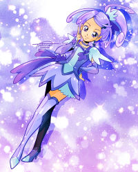 Rule 34 | 1girl, arm warmers, boots, breasts, brooch, choker, cure sword, dated, dokidoki! precure, dress, dutch angle, earrings, forest, full body, hair ornament, heart, heart brooch, high heel boots, high heels, high ponytail, highres, jewelry, kenzaki makoto, medium hair, nature, pink sleeves, precure, purple background, purple choker, purple dress, short sleeves, signature, small breasts, spade (shape), spade earrings, spade hair ornament, sparkle, thigh boots, tsubatsuba (tsubame), two-tone dress, white dress