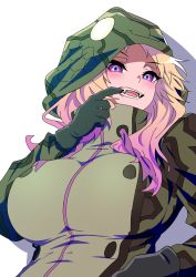 Rule 34 | 1girl, african rock python (kemono friends), blonde hair, breasts, collared jacket, drawstring, fangs, finger in own mouth, gloves, hand up, high collar, highres, hood, hood up, hooded jacket, huge breasts, jacket, kemono friends, light smile, long hair, long sleeves, looking at viewer, mamiyama, mouth pull, multicolored hair, open mouth, purple eyes, purple hair, solo, teeth, upper body