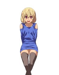 Rule 34 | 1girl, :d, black thighhighs, blonde hair, blue dress, blush, commentary request, crossed legs, dress, hair between eyes, korean text, looking at viewer, open mouth, rainmaker, red eyes, short hair, simple background, smile, solo, thighhighs, white background, zettai ryouiki