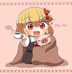Rule 34 | 1girl, :d, ^ ^, black skirt, black vest, blanket, blonde hair, bow, closed eyes, commentary request, covering with blanket, cup, full body, hair bow, holding, holding cup, looking at viewer, open mouth, pig, pink background, red bow, red eyes, rokugou daisuke, rumia, shirt, short hair, simple background, skirt, smile, touhou, touhou cannonball, vest, white shirt
