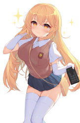 Rule 34 | + +, 1girl, beige vest, blonde hair, breasts, closed mouth, collared shirt, controller, elbow gloves, feet out of frame, gloves, highres, holding, holding remote control, large breasts, long hair, microskirt, remote control, school uniform, shirt, shokuhou misaki, short sleeves, skindentation, skirt, smile, solo, thighhighs, toaru kagaku no railgun, toaru majutsu no index, topu, v-shaped eyebrows, very long hair, white gloves, white shirt, white thighhighs, yellow eyes