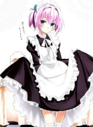 Rule 34 | 10s, 1girl, alternate costume, apron, blue eyes, blush, dress, enmaided, garter straps, kantai collection, looking at viewer, maid, maid apron, maid headdress, natsupa, pink hair, ponytail, revision, shiranui (kancolle), short ponytail, skirt hold, solo, spilling, table, thighhighs, tile floor, tiles, translation request, twintails, white thighhighs, zettai ryouiki