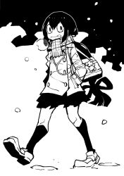 Rule 34 | 1girl, :p, asui tsuyu, bag, black hair, black skirt, black socks, boku no hero academia, breath, coat, commentary, dowman sayman, english commentary, full body, greyscale, hands in pockets, headphones, highres, kneehighs, long hair, long sleeves, looking at viewer, miniskirt, monochrome, outdoors, plaid, plaid scarf, scarf, shoes, shoulder bag, skirt, snow, socks, solo, tongue, tongue out, walking, wavy mouth, winter, winter clothes