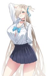 Rule 34 | 1girl, arm over head, asuna (blue archive), asymmetrical bangs, black choker, black skirt, blonde hair, blue archive, blue bow, blue bowtie, blue eyes, blue nails, blush, bow, bowtie, breasts, choker, collared shirt, commentary, cowboy shot, dress shirt, fingernails, grin, hair over one eye, hand up, highres, large breasts, long bangs, long fingernails, long hair, long sleeves, looking at viewer, miniskirt, nail polish, natsu ushi, pleated skirt, school uniform, shirt, shirt tucked in, simple background, skirt, smile, solo, teeth, v, very long hair, white background, white shirt