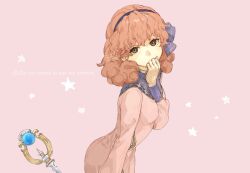 Rule 34 | 1girl, 91007, artist name, blue hairband, blue ribbon, brown eyes, covering own mouth, dress, earrings, fire emblem, fire emblem echoes: shadows of valentia, genny (fire emblem), hairband, hand up, jewelry, long sleeves, looking at viewer, nintendo, pink background, pink dress, pink hair, ribbon, short hair, solo, staff, star (symbol), twitter username