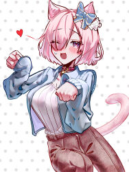 Rule 34 | 1girl, alternate costume, animal ear fluff, animal ears, bell, blush, cat ears, cat girl, cat tail, fate/grand order, fate (series), heart, highres, huo ting, jacket, looking at viewer, mash kyrielight, neck bell, one eye closed, open clothes, open jacket, pants, paw pose, purple eyes, purple hair, ribbed sweater, ribbon, short hair, solo, sweater, tail