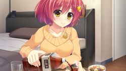 Rule 34 | 1girl, ameto yuki, bed, blush, bottle, breasts, collarbone, cup, doumyouji moemi, drink, food, game cg, large breasts, looking at viewer, pillow, pure x connect, red hair, short hair, sitting, smile, steam, yellow eyes