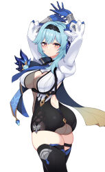Rule 34 | 1girl, armpits, arms up, ass, backless outfit, black hairband, black headband, blue cape, blue gloves, blue hair, blue necktie, blush, breasts, cape, cowboy shot, eula (genshin impact), from behind, genshin impact, gloves, hair ornament, hairband, headband, highres, karou (circle karouke), large breasts, long sleeves, looking at viewer, looking back, medium hair, necktie, purple eyes, skindentation, solo, standing, thighs, vision (genshin impact), white background