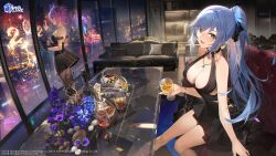 Rule 34 | 2girls, absurdres, alcohol, animal ears, arm support, azur lane, bare arms, bare shoulders, black dress, blue hair, blush, bracelet, breasts, brown eyes, cat ears, cat tail, cleavage, commentary, copyright name, couch, cup, dress, essex (azur lane), essex (craft fairytail) (azur lane), fireworks, flower, food, gloves, gold trim, halterneck, happy new year, hatsushimo (azur lane), hatsushimo (perennial joy) (azur lane), highres, holding, indoors, jewelry, kexue, logo, long hair, looking at viewer, looking away, medium breasts, multiple girls, necklace, new year, night, night sky, official alternate costume, official art, open mouth, pantyhose, pillow, pink hair, ponytail, red eyes, short dress, simple background, sky, sleeveless, sleeveless dress, smile, strapless, strapless dress, table, tail, window
