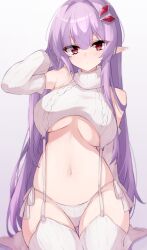 Rule 34 | 1girl, arm at side, ayanue, bare shoulders, breasts, closed mouth, collarbone, crop top, detached sleeves, expressionless, eyelashes, garter straps, gradient background, grey background, groin, hair between eyes, hair intakes, hair ornament, hand in own hair, hand up, large breasts, light blush, long hair, looking at viewer, navel, no bra, no shoes, original, panties, pink hair, pointy ears, red eyes, revealing clothes, ribbed panties, ribbed sleeves, ribbed sweater, ribbed thighhighs, seiza, side-tie panties, sitting, sleeveless, sleeveless sweater, solo, straight-on, straight hair, string panties, sweater, thigh gap, thighhighs, turtleneck, turtleneck sweater, underboob, underwear, very long hair, wariza, white panties, white sleeves, white sweater, white thighhighs