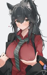 Rule 34 | 1girl, animal ears, arknights, black hair, black jacket, blush, breast hold, breasts, closed mouth, collared shirt, covered erect nipples, green necktie, hair between eyes, heart, highres, jacket, large breasts, long hair, long sleeves, looking at viewer, mikozin, necktie, off shoulder, official alternate costume, open clothes, open jacket, orange eyes, ponytail, red shirt, shirt, simple background, solo, striped necktie, sweatdrop, texas (arknights), texas (willpower) (arknights), upper body, white background, wolf ears