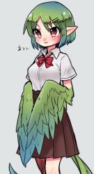 Rule 34 | blouse, blush, bow, bowtie, brown skirt, collared shirt, commentary request, green hair, grey background, grey shirt, hair ornament, hairclip, harpy, kai himo, monster girl, original, parted lips, pleated skirt, pointy ears, red bow, red bowtie, shirt, short hair, simple background, skirt, solo, standing, sweatdrop, tail, white shirt, wing collar, winged arms, wings